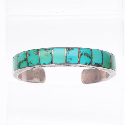 6.5" c1940 Vintage Zuni sterling silver turquoise channel inlay cuff bracelet