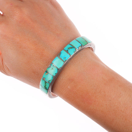6.5" c1940 Vintage Zuni sterling silver turquoise channel inlay cuff bracelet