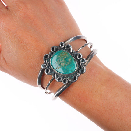6.6" Vintage Navajo sterling silver green turquoise cuff bracelet twisted center