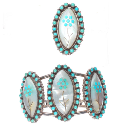 6.4" cuff sz8 ring Lasiloo Zuni sterling silver turquoise snake eye inlay set