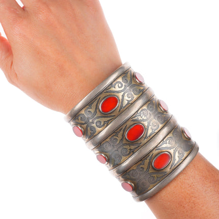 6.5" Antique Turkmen Bilezek sterling silver carnelian cuff bracelet