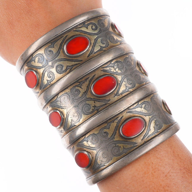 6.5" Antique Turkmen Bilezek sterling silver carnelian cuff bracelet