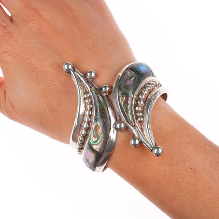 6.4" Retro Mexican modernist sterling silver Taxco abalone clamper cuff bracelet