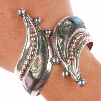 6.4" Retro Mexican modernist sterling silver Taxco abalone clamper cuff bracelet