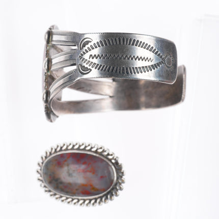 sz8 ring 6.8" c1940 Navajo sterling silver petrified wood cuff bracelet set