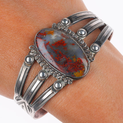 sz8 ring 6.8" c1940 Navajo sterling silver petrified wood cuff bracelet set