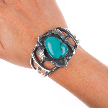 6.2" Vintage Navajo sterling silver feather embellished cuff bracelet turquoise