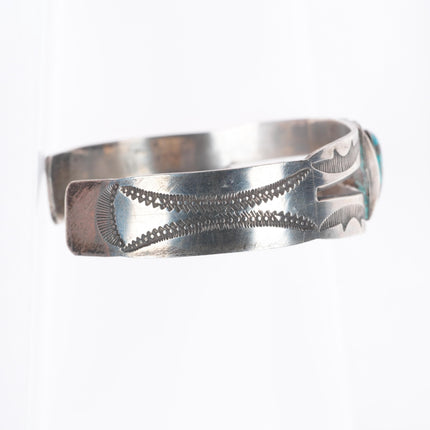 6.3" 1940's Vintage Navajo hand stamped sterling silver cuff bracelet turquoise