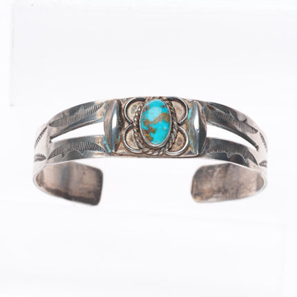 6.3" 1940's Vintage Navajo hand stamped sterling silver cuff bracelet turquoise