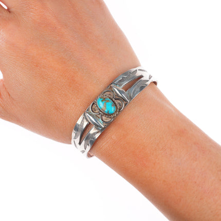 6.3" 1940's Vintage Navajo hand stamped sterling silver cuff bracelet turquoise