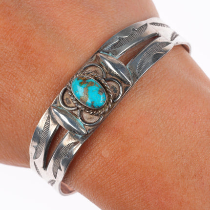 6.3" 1940's Vintage Navajo hand stamped sterling silver cuff bracelet turquoise