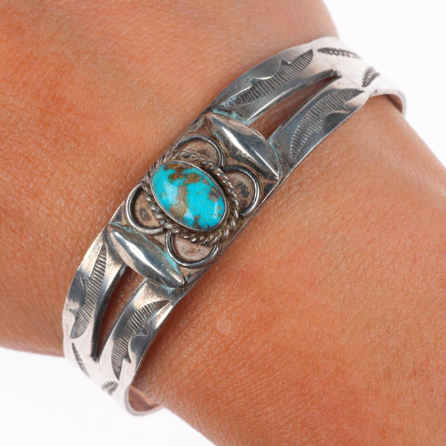 6.3" 1940's Vintage Navajo hand stamped sterling silver cuff bracelet turquoise