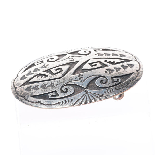 R.A. Lewis Navajo sterling silver belt buckle with intricate overlay pattern