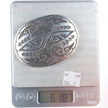 R.A. Lewis Navajo sterling silver belt buckle with intricate overlay pattern