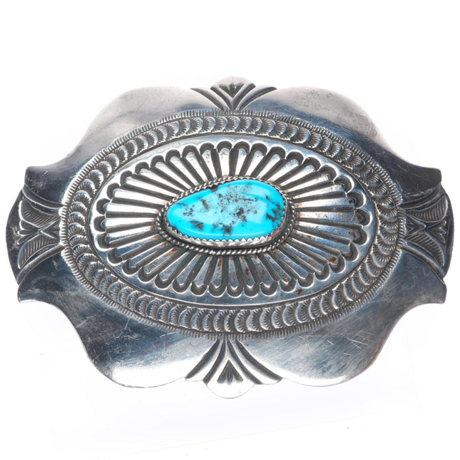 Arnold Maloney Navajo sterling silver deep stamped belt buckle with turquoise
