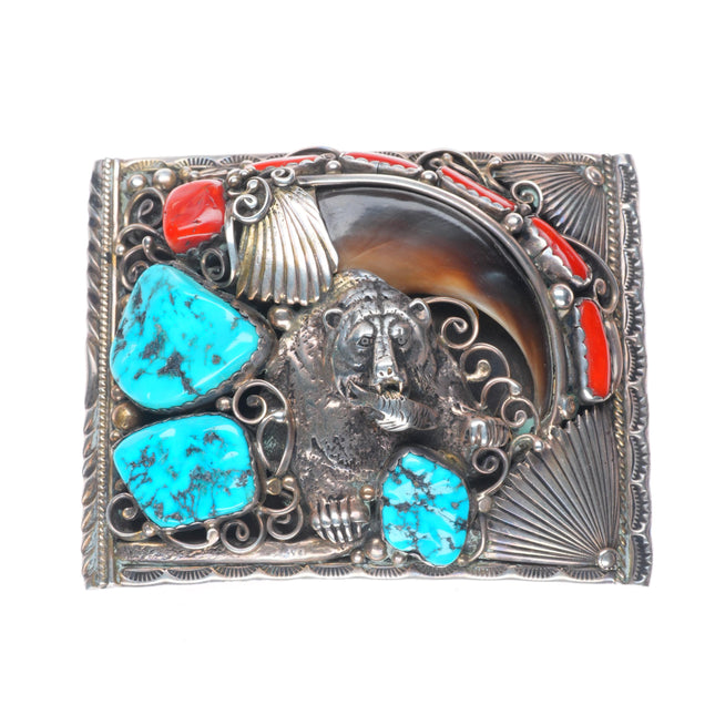 Big vintage Navajo JP Sterling silver, turquoise, coral bear belt buckle