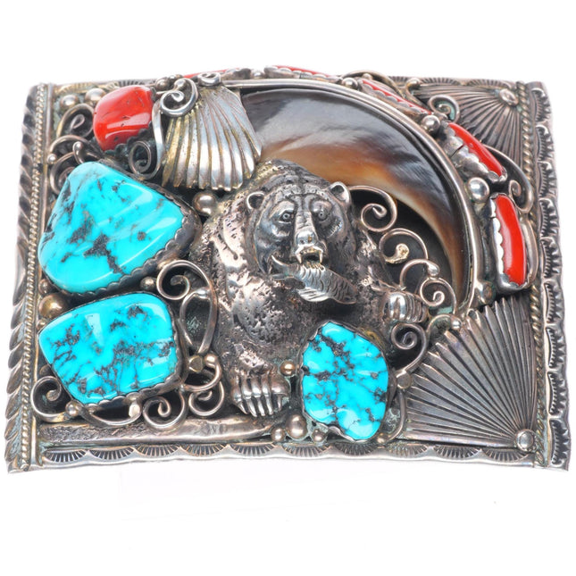 Big vintage Navajo JP Sterling silver, turquoise, coral bear belt buckle