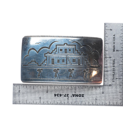Victor Coochwytewa Hopi overlay pueblos belt buckle sterling silver