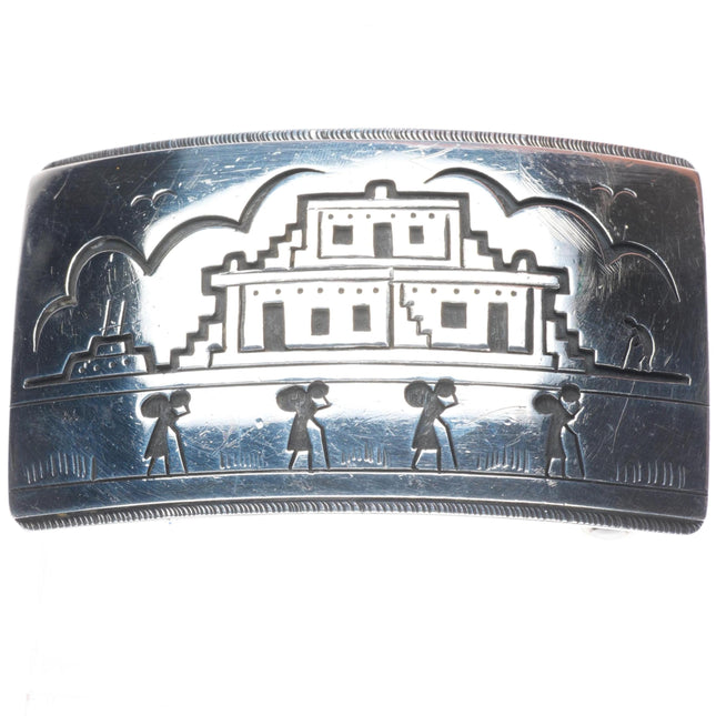 Victor Coochwytewa Hopi overlay pueblos belt buckle sterling silver