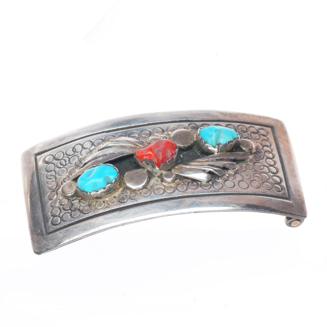 Vintage Zuni sterling silver carved turquoise/coral belt buckle