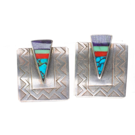 Benny Armijo Navajo sterling silver multi-stone intarsia inlay stamped earrings