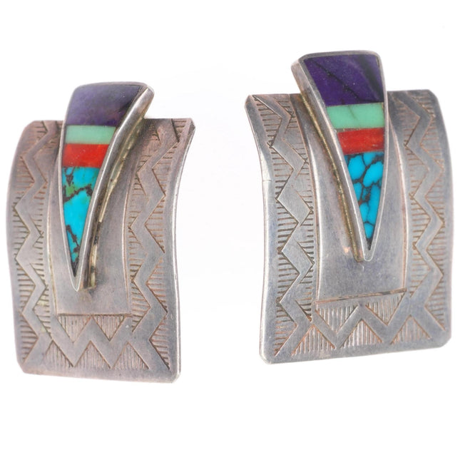 Benny Armijo Navajo sterling silver multi-stone intarsia inlay stamped earrings