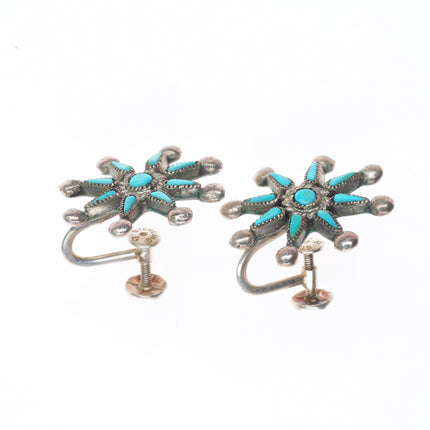 vintage Zuni sterling silver needlepoint turquoise star/sun/snowflake earrings
