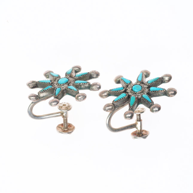 vintage Zuni sterling silver needlepoint turquoise star/sun/snowflake earrings