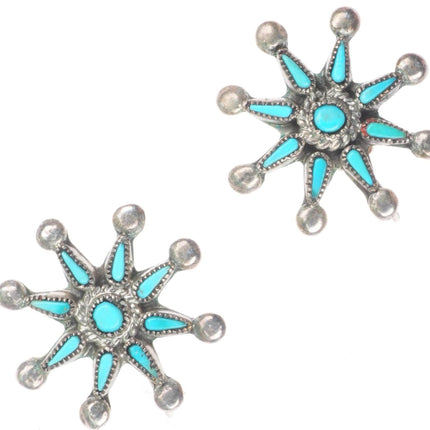 vintage Zuni sterling silver needlepoint turquoise star/sun/snowflake earrings