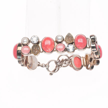 6.5"-7.5" Starborn retro sterling silver rose quartz, pearl, druzy link bracelet