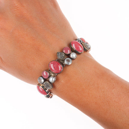 6.5"-7.5" Starborn retro sterling silver rose quartz, pearl, druzy link bracelet