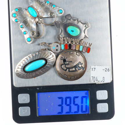 Zuni/Navajo sterling silver, turquoise/coral butterfly/turtle pin/brooch lot