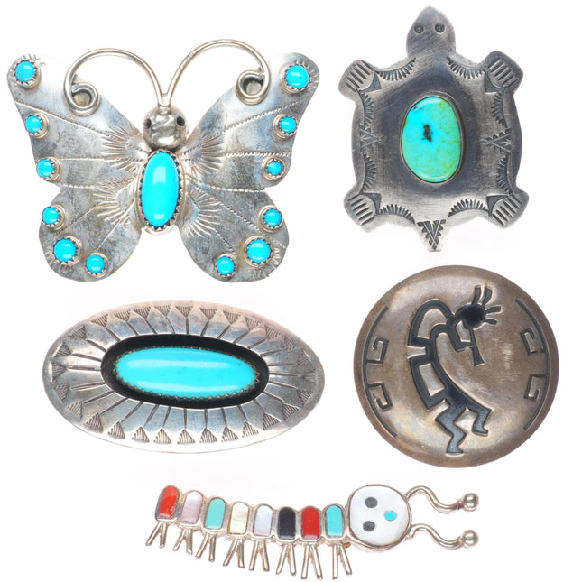 Zuni/Navajo sterling silver, turquoise/coral butterfly/turtle pin/brooch lot