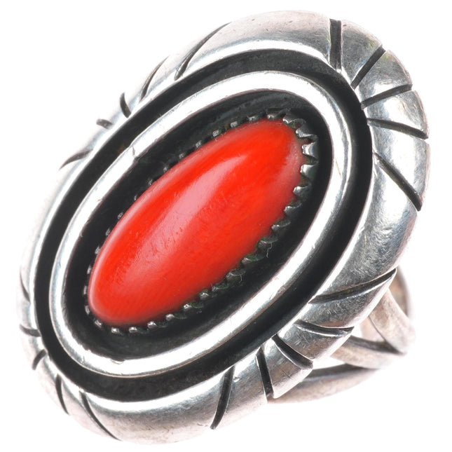 sz7 Mary Marie Yazzie Lincoln Navajo sterling silver Mediterranean coral ring