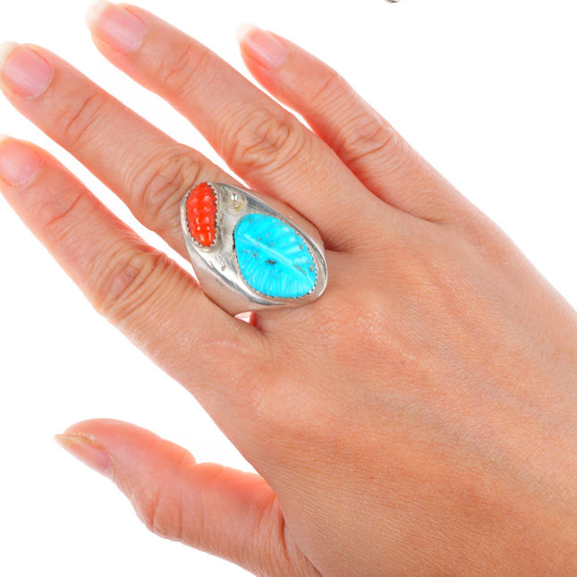 sz15 large vintage Bert Othole Zuni sterling silver carved turquoise/coral ring