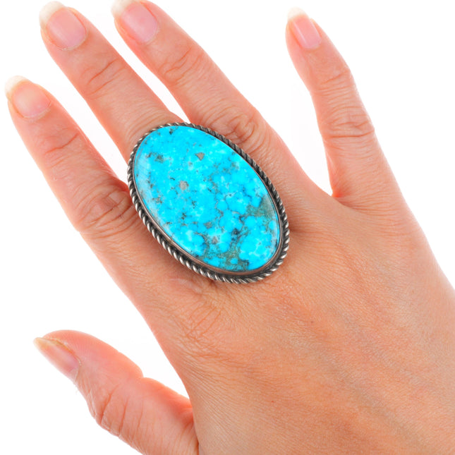sz8.5 Huge southwestern sterling silver turquoise ring rope edge Fox