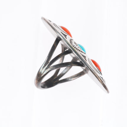 sz7.5 Thompson Platero Navajo deep stamped sterling silver turquoise/coral ring