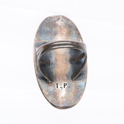 sz7.5 Thompson Platero Navajo deep stamped sterling silver turquoise/coral ring