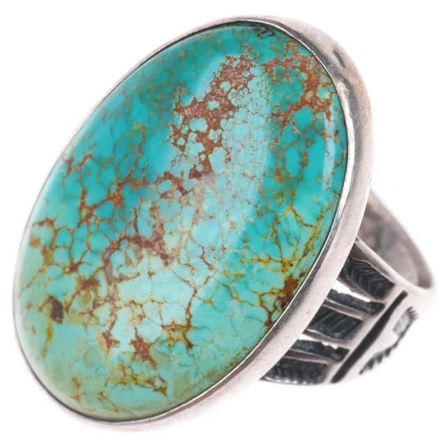 sz8 c1940 Vintage Navajo sterling silver snake/arrow red web turquoise ring