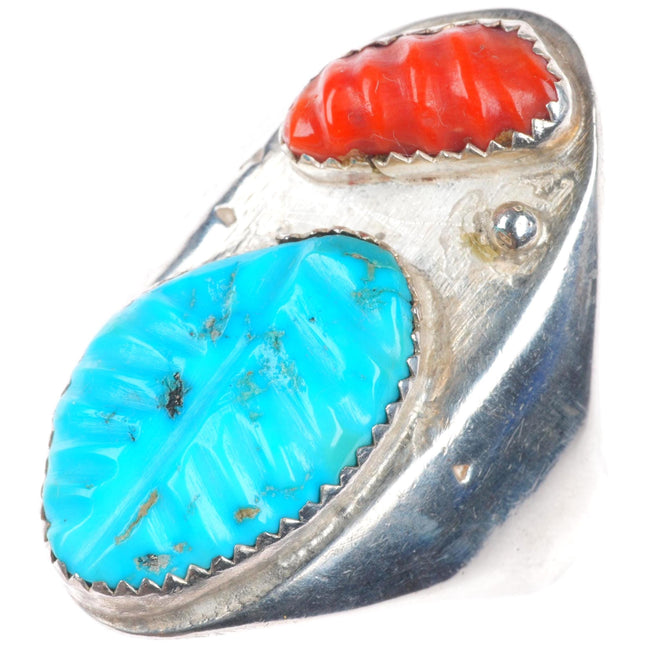 sz15 large vintage Bert Othole Zuni sterling silver carved turquoise/coral ring