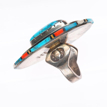 sz9 large Philbert Begay Navajo sterling silver high grade turquoise/coral ring