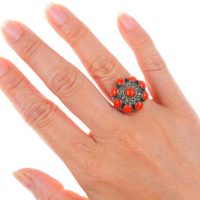 sz6 Darlene & Dickie Charlie Zuni sterling silver coral cluster ring
