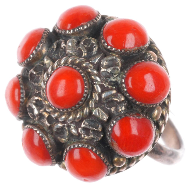 sz6 Darlene & Dickie Charlie Zuni sterling silver coral cluster ring