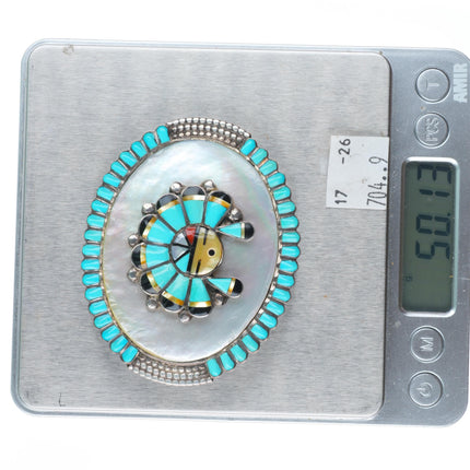1.25" Vera Luna Zuni sterling silver shell/turquoise sunface/chief belt buckle