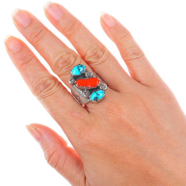 sz9 Vintage Zuni sterling silver spiderweb turquoise branch coral ring