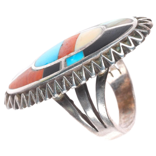 sz9 vintage Zuni sterling silver turquoise, spiny oyster, shell inlay ring