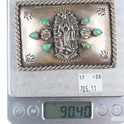 1.5" Juan Willie Navajo Virgin de Guadalupe sterling and turquoise belt buckle