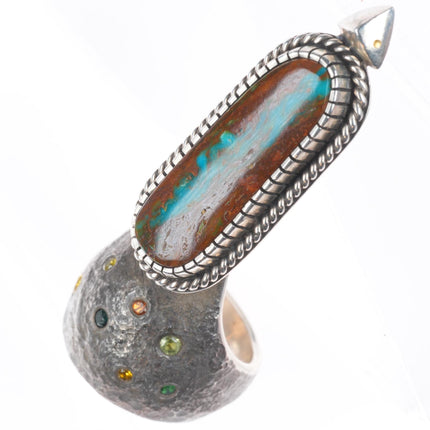 sz8 Shane Hendren Navajo long sterling silver multi-gem/Royston turquoise ring