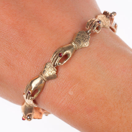 8.5" Antique 9k gold ruby hands link bracelet/fob/anklet