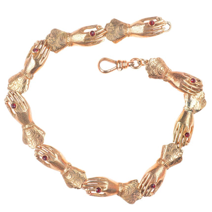 8.5" Antique 9k gold ruby hands link bracelet/fob/anklet